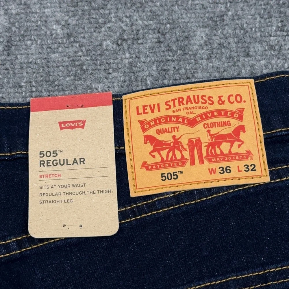 NEW Levi's 505 Jeans Mens 36x32 Regular Fit Dark Wash Indigo Stretch Denim